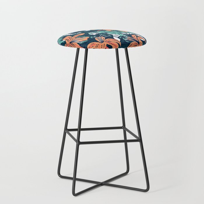 Tigers in a tiger lily garden // textured navy blue background spearmint green wild animals papaya orange flowers Stool Gallery Image 1