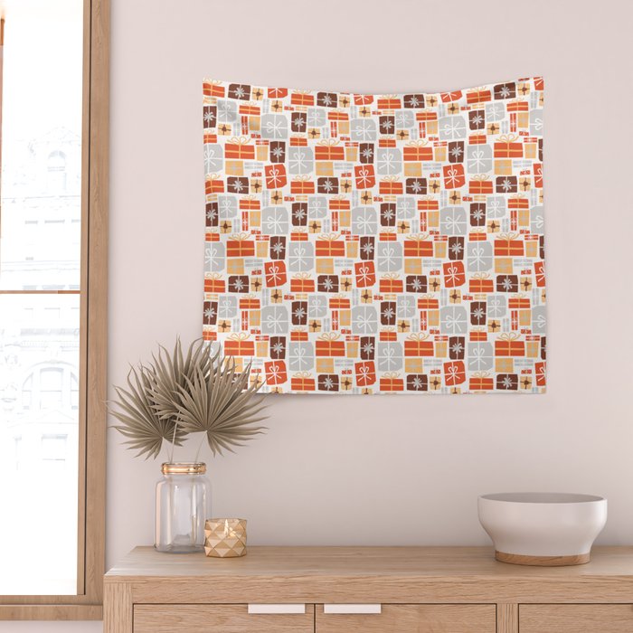 Christmas presents gray and orange pattern Wall Tapestry Gallery Image 2