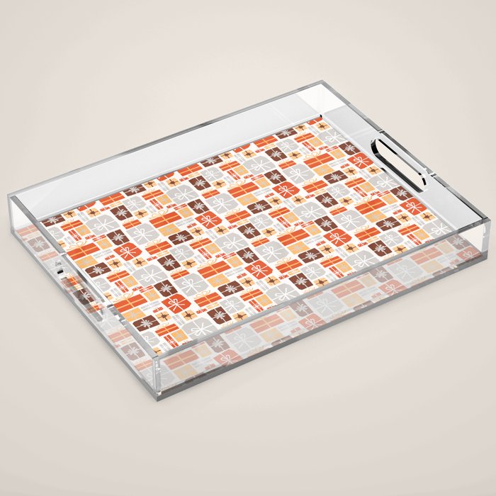 Christmas presents gray and orange pattern Acrylic Tray Gallery Image 1