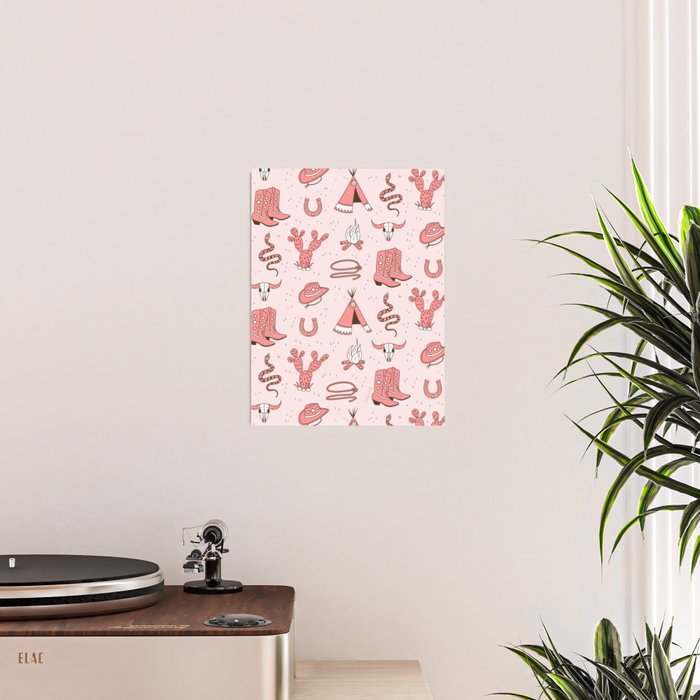 Cute Cowgirl Pattern, Cowboy Print in Blush Pink Poster Gallery Image 2