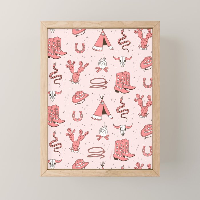 Cute Cowgirl Pattern, Cowboy Print in Blush Pink Mini Art Print Gallery Image 1