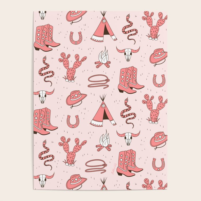 Cute Cowgirl Pattern, Cowboy Print in Blush Pink Poster Gallery Image 4