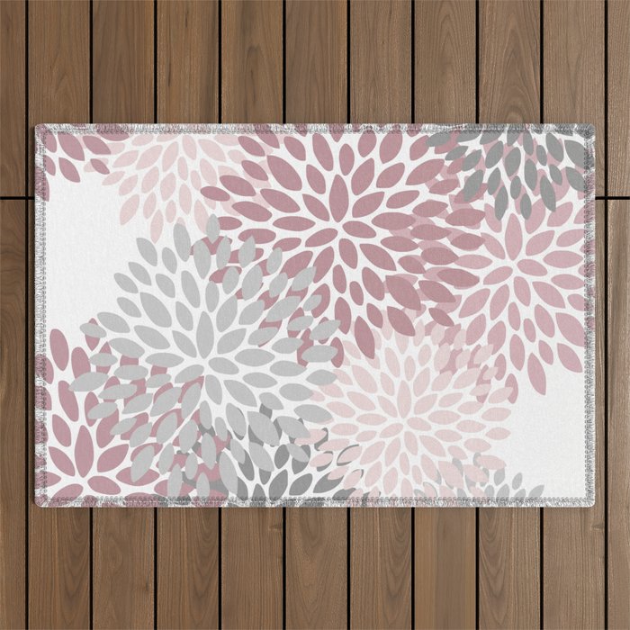 Floral Pattern, Pink, Gray and White Outdoor Rug Gallery Image 1