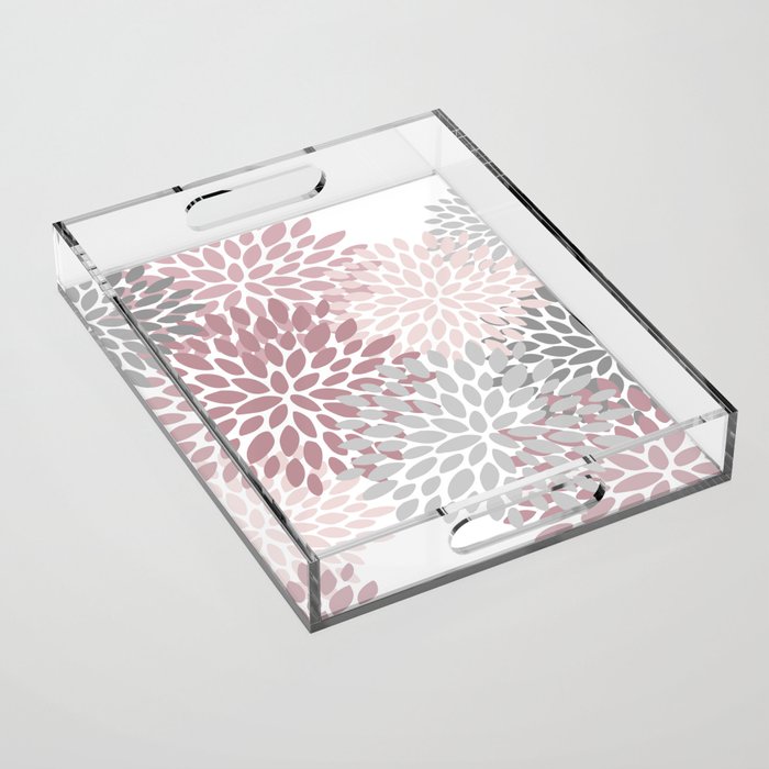 Floral Pattern, Pink, Gray and White Acrylic Tray Gallery Image 1