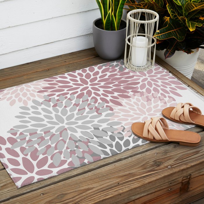 Floral Pattern, Pink, Gray and White Outdoor Rug Gallery Image 2