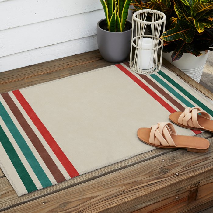 Blanket Stripe - vintage teal, green, brown, and red Outdoor Rug Gallery Image 2