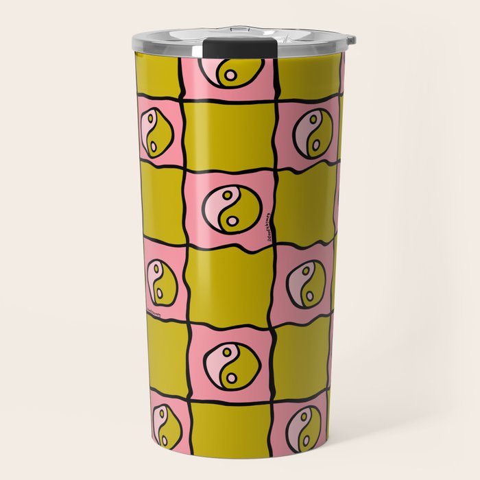 Green Ying Yang Checkered Print Travel Mug Gallery Image 1