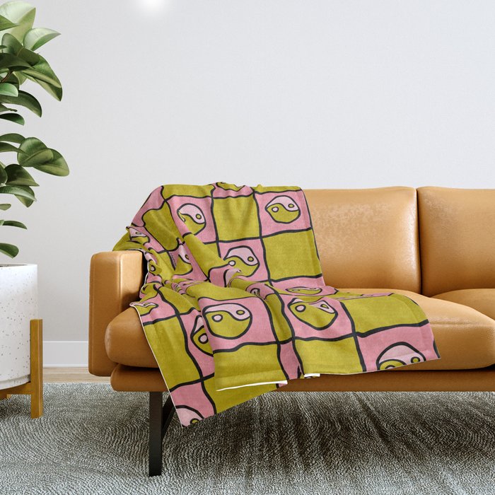 Green Ying Yang Checkered Print Throw Blanket Gallery Image 1