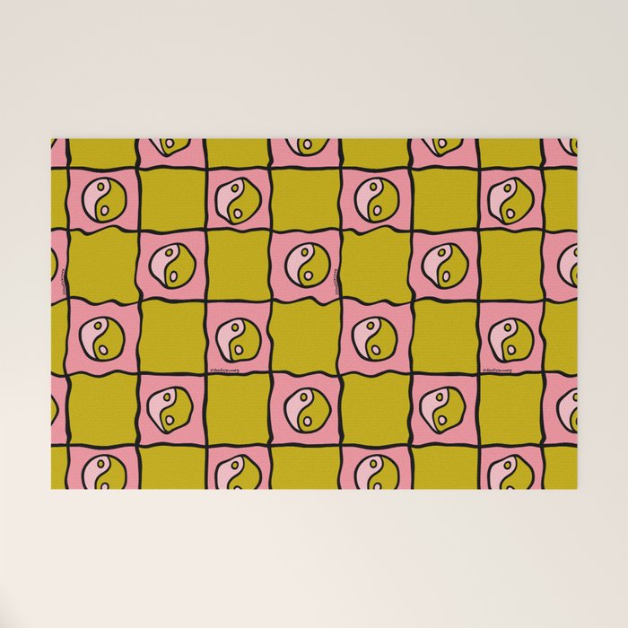 Green Ying Yang Checkered Print Welcome Mat Gallery Image 1