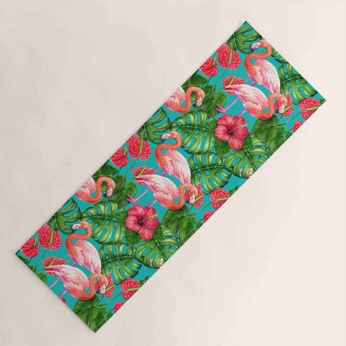 Flamingo birds and tropical garden          watercolor Yoga Mat Gallery Image 1