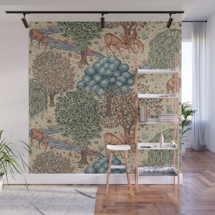 William Morris The Brook Cream Linen Woodland Wall Mural Gallery Image 1