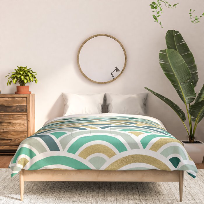 Japanese Seigaiha Wave â Mint & Gold Comforter Gallery Image 3