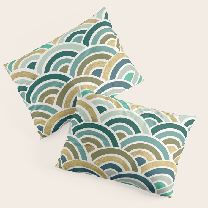 Japanese Seigaiha Wave â Mint & Gold Pillow Sham Gallery Image 3