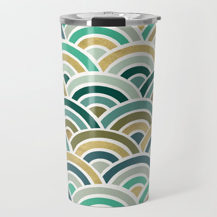 Japanese Seigaiha Wave â Mint & Gold Travel Mug Gallery Image 1