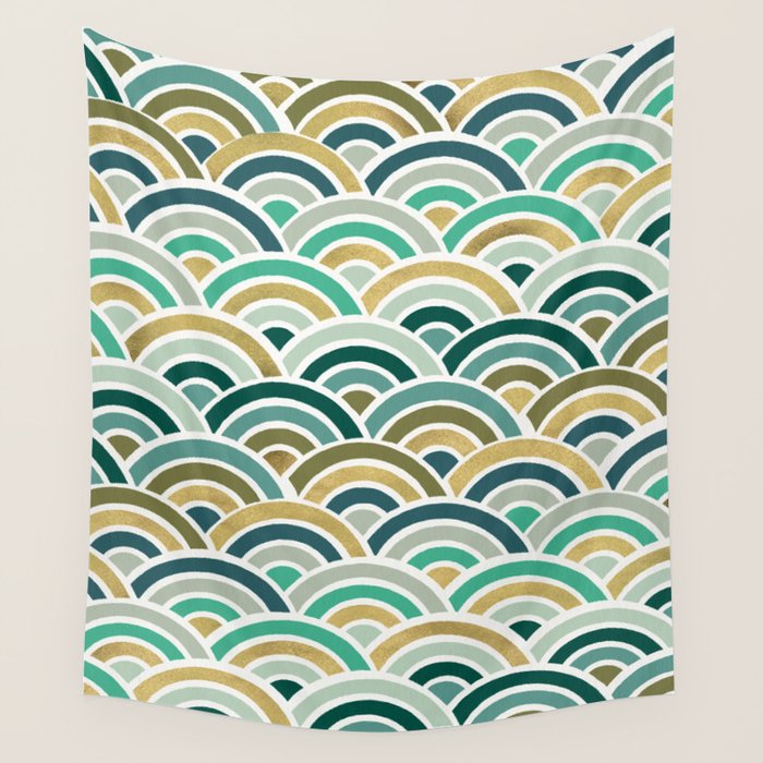 Japanese Seigaiha Wave â Mint & Gold Wall Tapestry Gallery Image 1