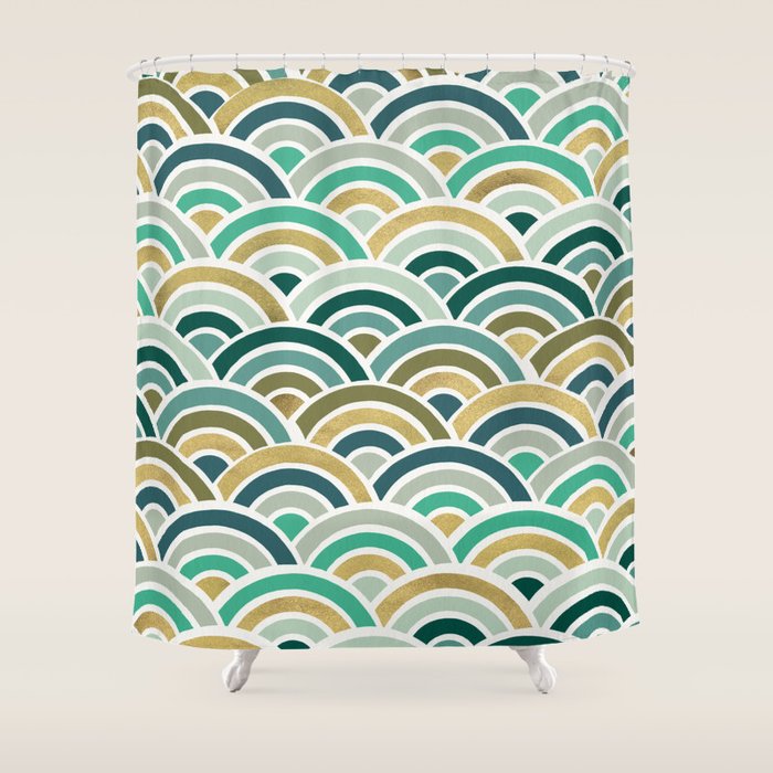 Japanese Seigaiha Wave â Mint & Gold Shower Curtain Gallery Image 1