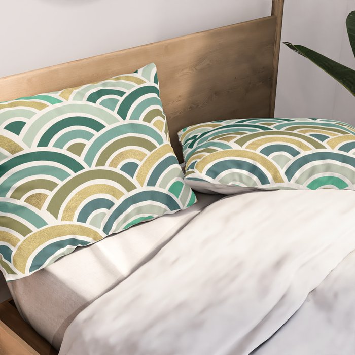 Japanese Seigaiha Wave â Mint & Gold Pillow Sham Gallery Image 2