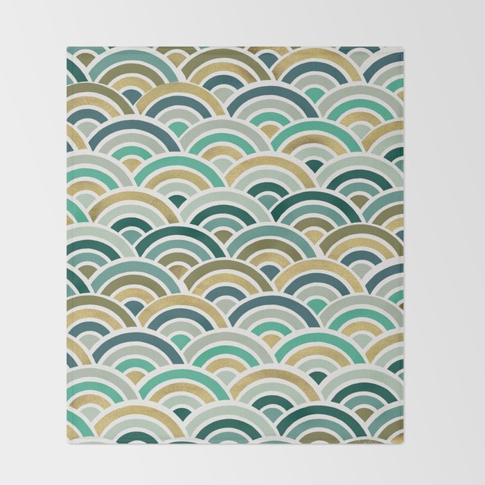 Japanese Seigaiha Wave â Mint & Gold Throw Blanket Gallery Image 2