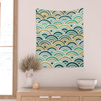 Japanese Seigaiha Wave â Mint & Gold Wall Tapestry Gallery Image 2