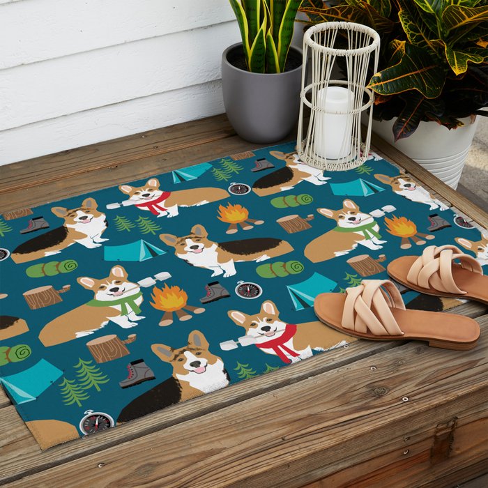 Corgi camping marshmallow roasting corgis outdoors nature dog lovers Outdoor Rug Gallery Image 2