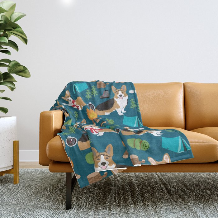 Corgi camping marshmallow roasting corgis outdoors nature dog lovers Throw Blanket Gallery Image 1
