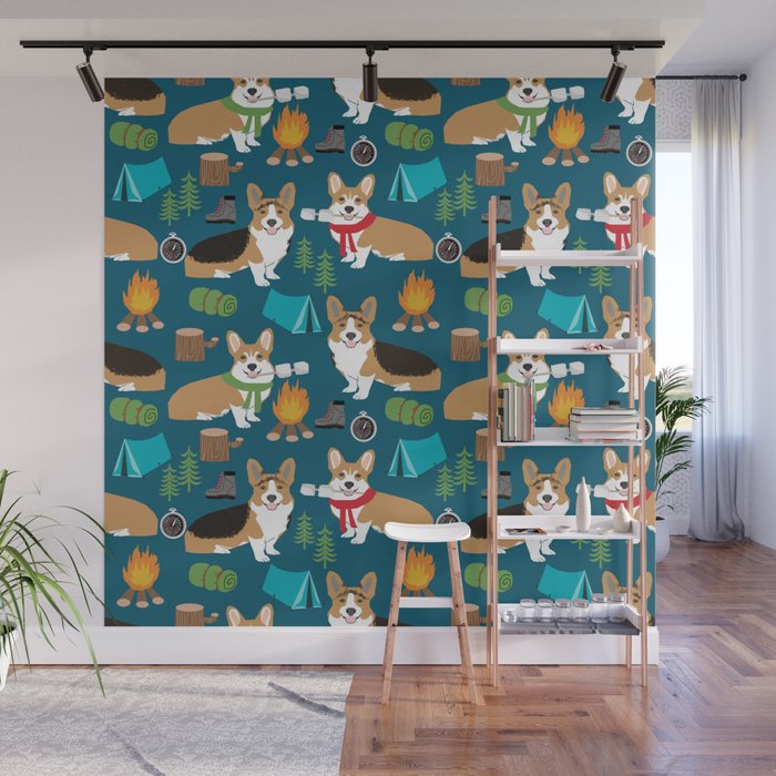 Corgi camping marshmallow roasting corgis outdoors nature dog lovers Wall Mural Gallery Image 1