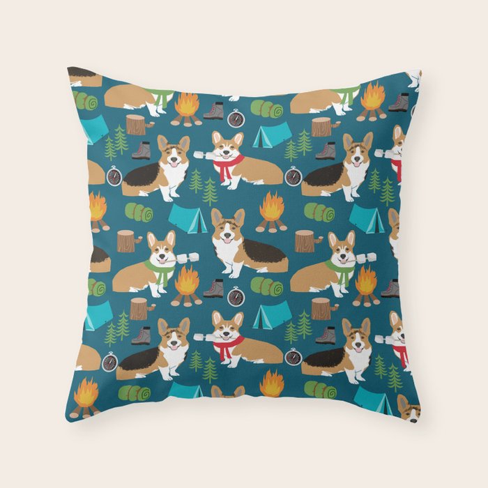 Corgi camping marshmallow roasting corgis outdoors nature dog lovers Throw Pillow Gallery Image 1