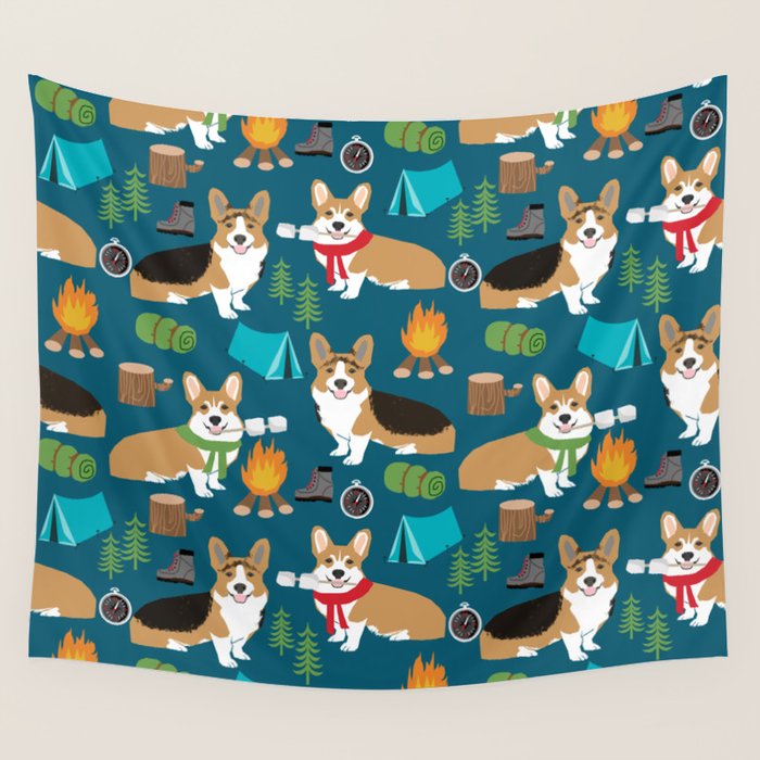 Corgi camping marshmallow roasting corgis outdoors nature dog lovers Wall Tapestry Gallery Image 4
