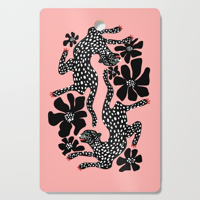Bold Leopard Art Print on Pink with Floral Accents - Modern Animal Wall Art Cutting Board Gallery Image 1