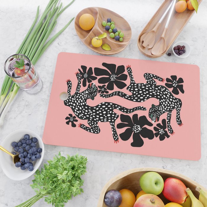 Bold Leopard Art Print on Pink with Floral Accents - Modern Animal Wall Art Cutting Board Gallery Image 2