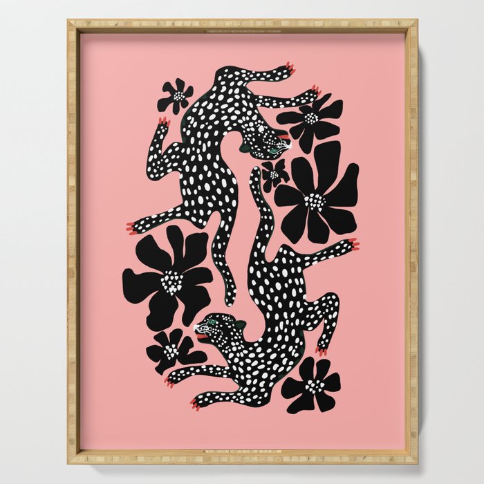 Bold Leopard Art Print on Pink with Floral Accents - Modern Animal Wall Art Serving Tray Gallery Image 1