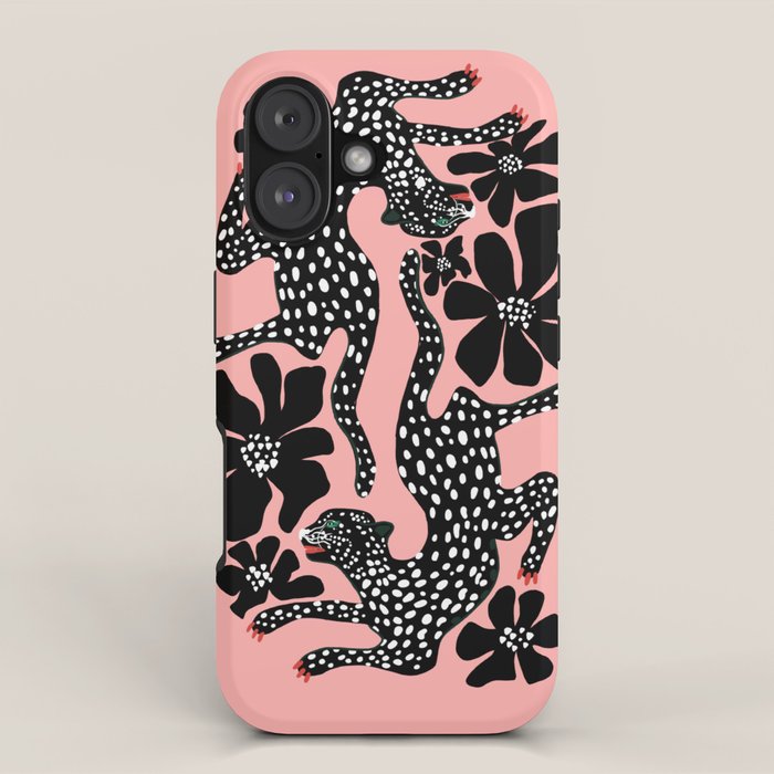 Bold Leopard Art Print on Pink with Floral Accents - Modern Animal Wall Art iPhone Case Gallery Image 1