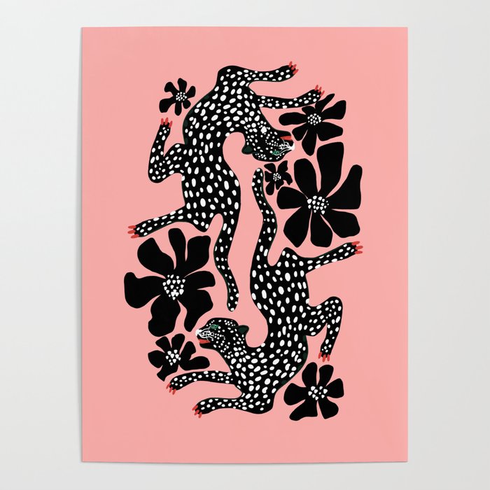 Bold Leopard Art Print on Pink with Floral Accents - Modern Animal Wall Art Poster Gallery Image 1