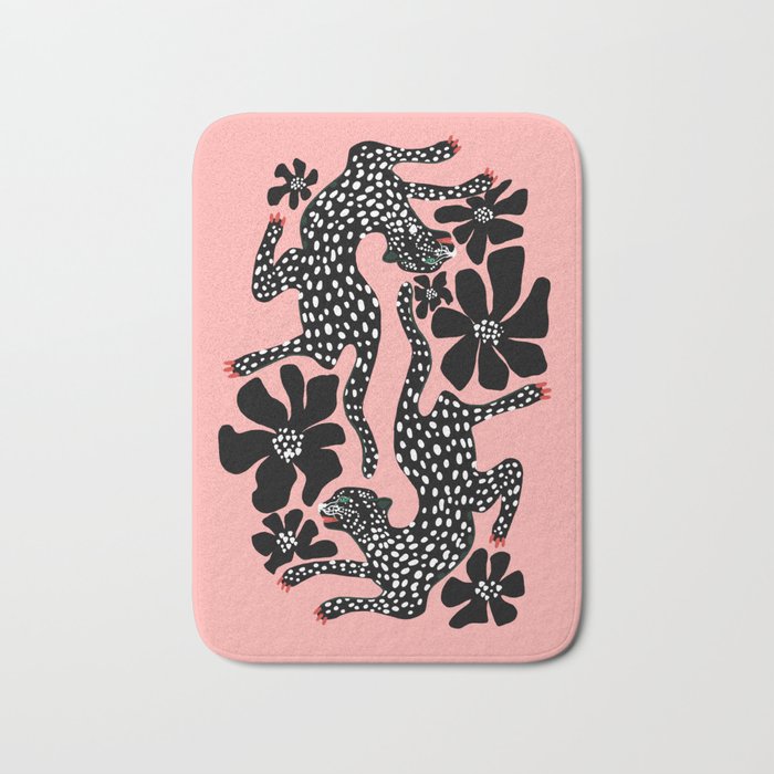 Bold Leopard Art Print on Pink with Floral Accents - Modern Animal Wall Art Bath Mat Gallery Image 1