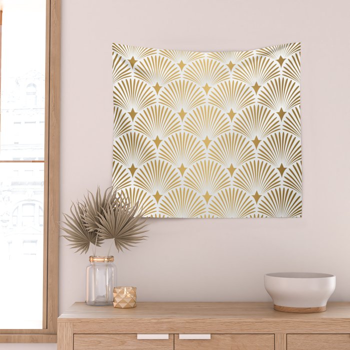 Art Deco Gold & White Gatsby Pattern Wall Tapestry Gallery Image 2