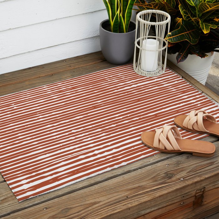 Rustic, Abstract Stripes Pattern in Terracotta Outdoor Rug Gallery Image 2