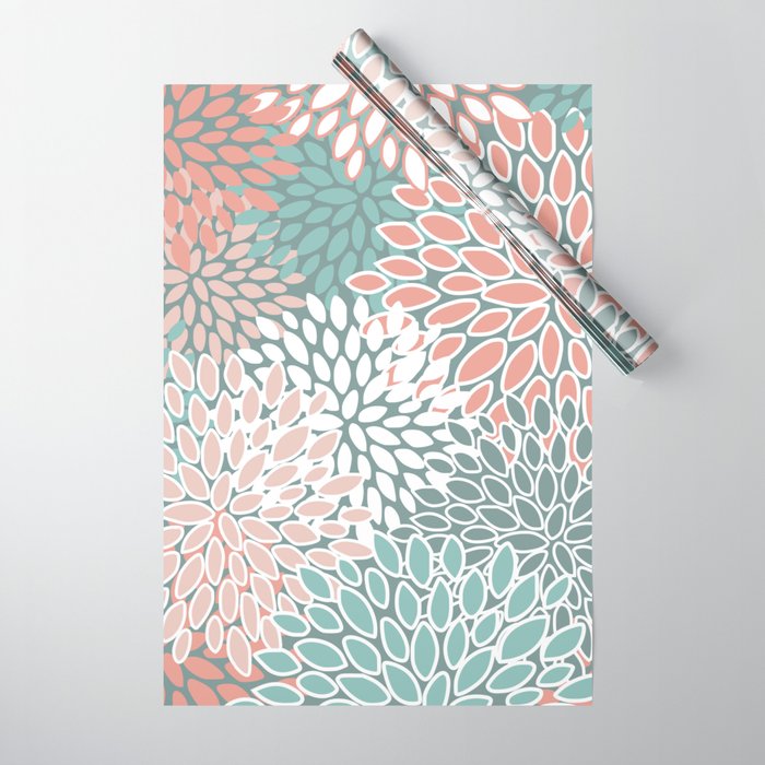 Festive, Floral Prints, Teal and Coral Wrapping Paper Gallery Image 1