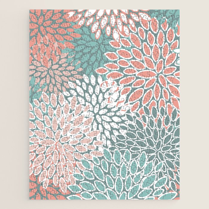 Festive, Floral Prints, Teal and Coral Jigsaw Puzzle Gallery Image 1