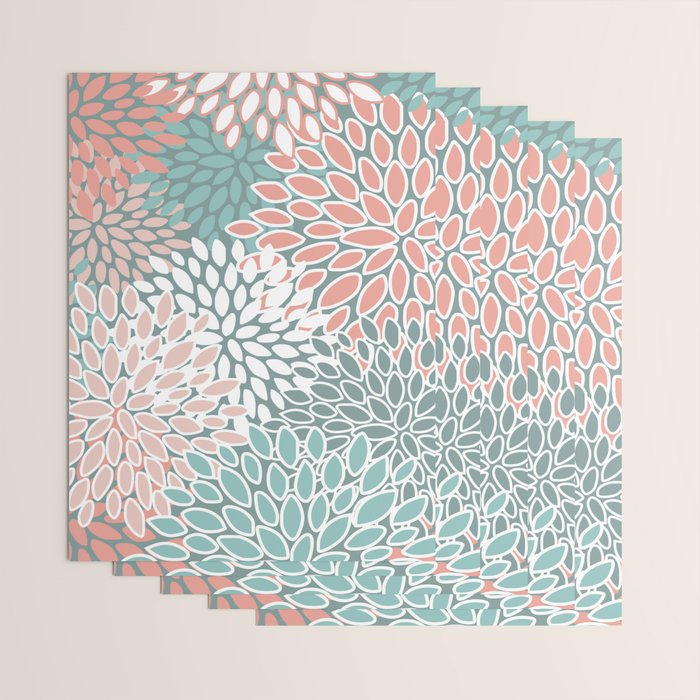 Festive, Floral Prints, Teal and Coral Wrapping Paper Gallery Image 3