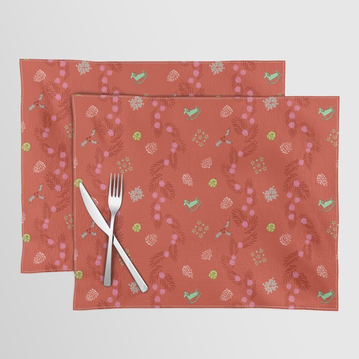 Whimsical Tiny Toys & Pine Branches in Red Placemat Gallery Image 1