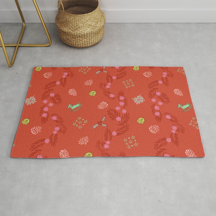 Whimsical Tiny Toys & Pine Branches in Red Rug Gallery Image 1