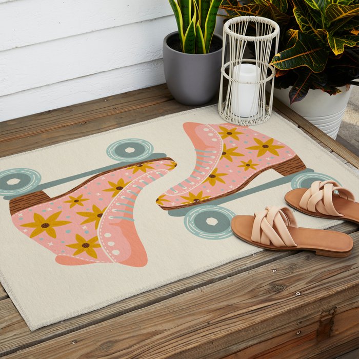 Retro Roller Skates - Blush & Mint Palette Outdoor Rug Gallery Image 2