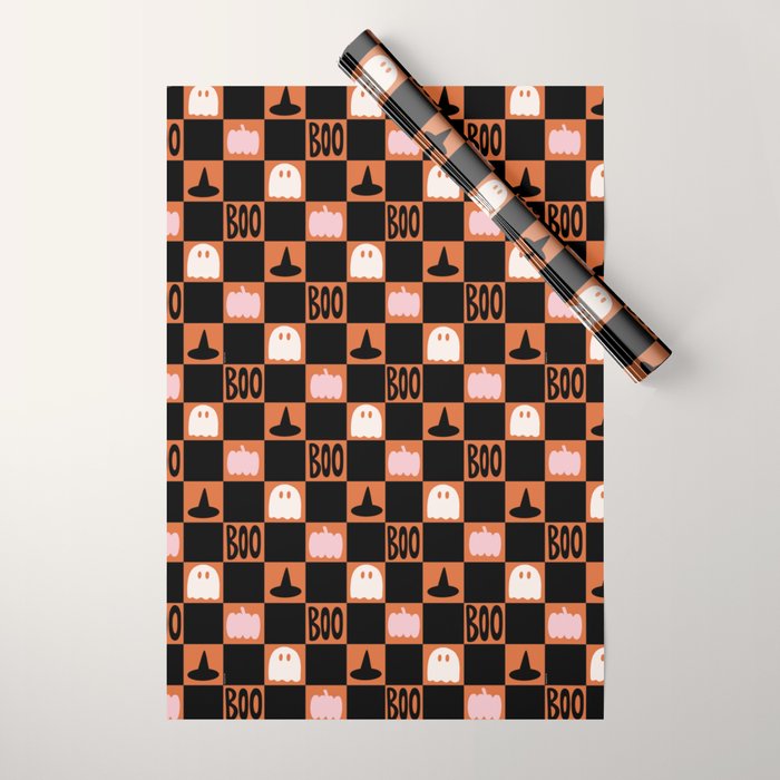 Halloween Checkered Print in Orange Wrapping Paper Gallery Image 1