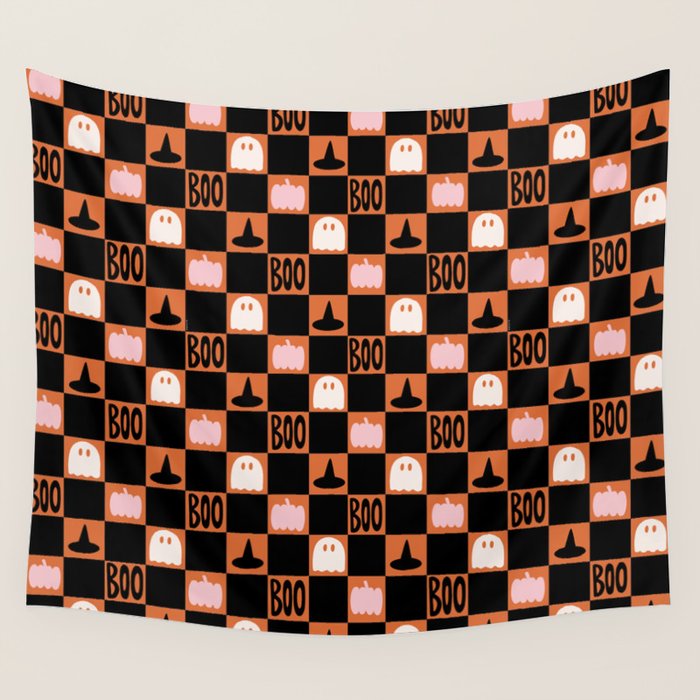 Halloween Checkered Print in Orange Wall Tapestry Gallery Image 1