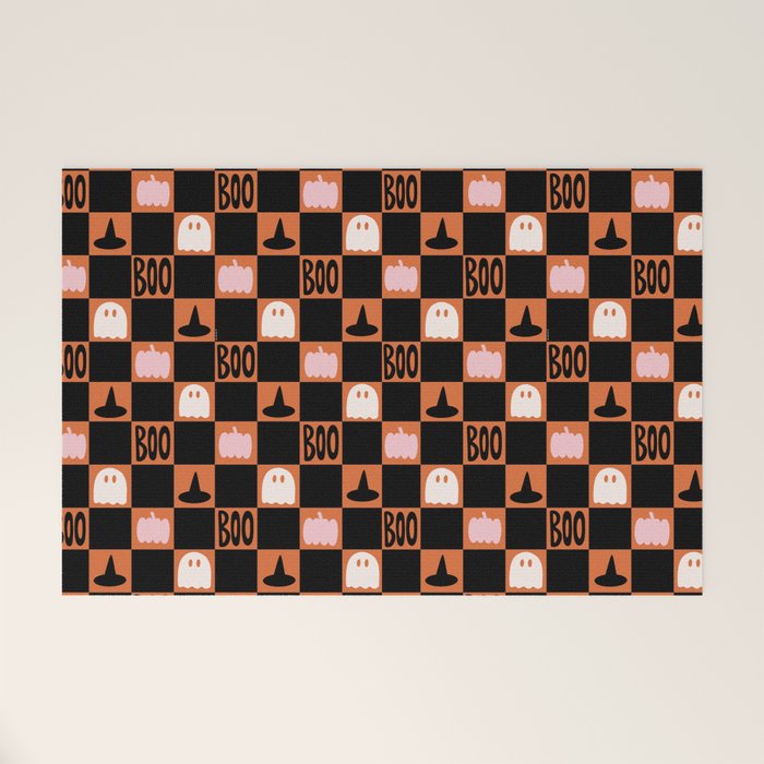 Halloween Checkered Print in Orange Welcome Mat Gallery Image 1