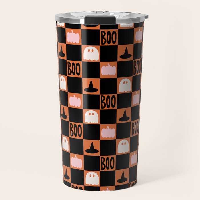 Halloween Checkered Print in Orange Travel Mug Gallery Image 1