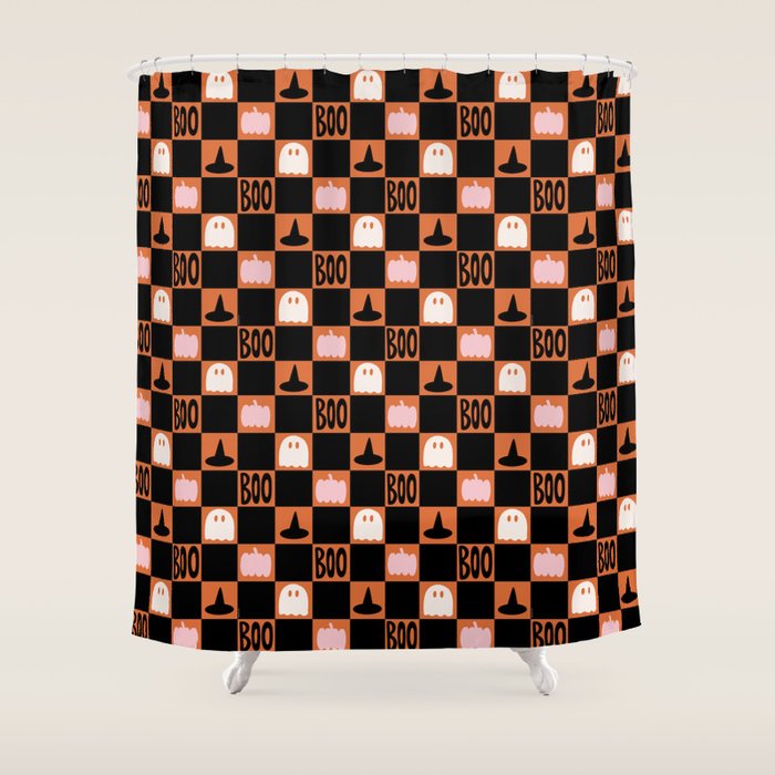 Halloween Checkered Print in Orange Shower Curtain Gallery Image 1