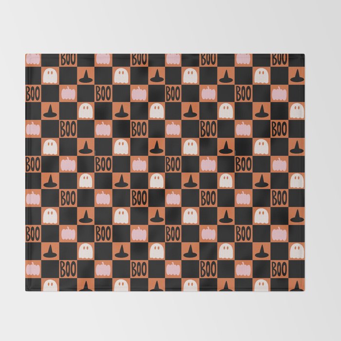 Halloween Checkered Print in Orange Throw Blanket Gallery Image 2