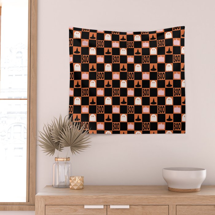 Halloween Checkered Print in Orange Wall Tapestry Gallery Image 2