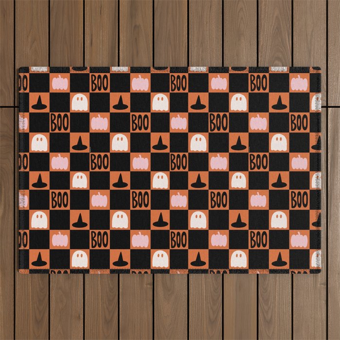 Halloween Checkered Print in Orange Outdoor Rug Gallery Image 1
